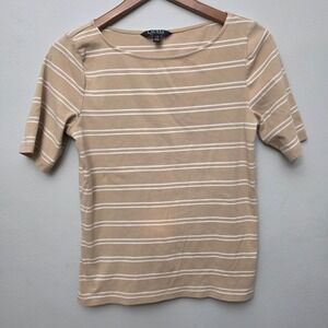 Lauren Ralph Lauren Women's Tan White Stripe Boat Neck T Shirt Top Size L Flaw‎